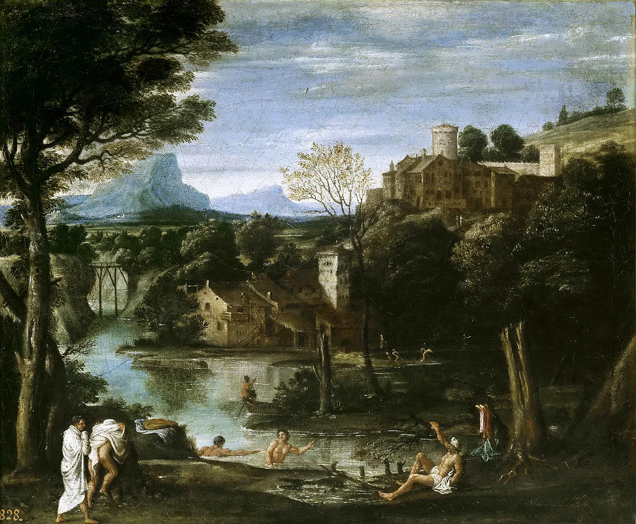 Landscape with bathers Painting by Annibale Carracci