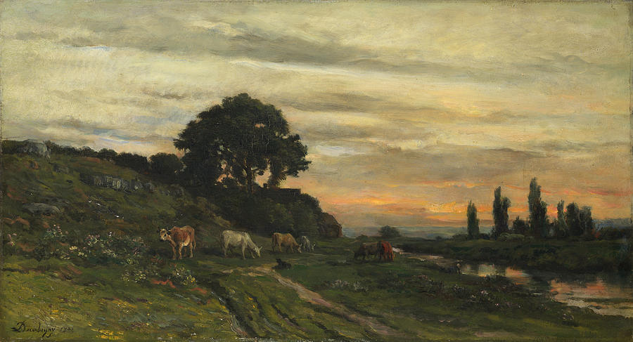 Landscape with Cattle by a Stream Painting by Charles-Francois Daubigny