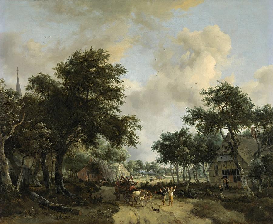 Landscape Painting - Landscape with cheerful companionship by Meindert Hobbema