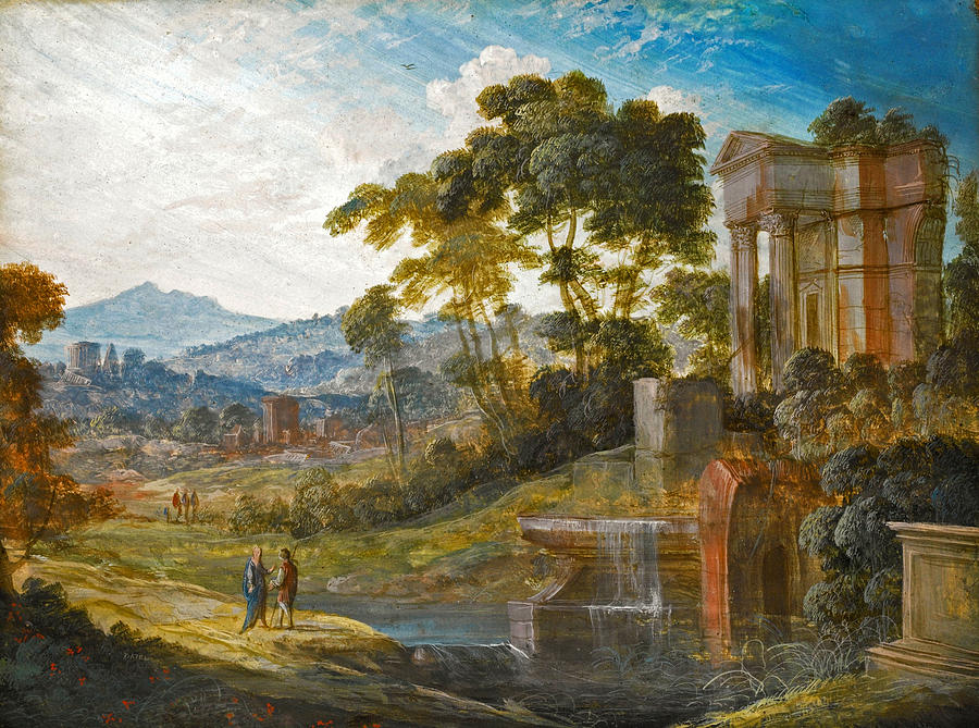 Landscape with Classical Ruins with two Figures conversing Painting by Pierre-Antoine Patel