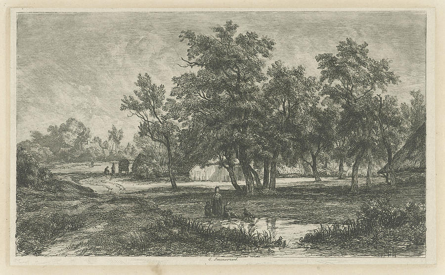 Landscape Drawing - Landscape With Farm Among The Trees, Christiaan Immerzeel by Christiaan Immerzeel