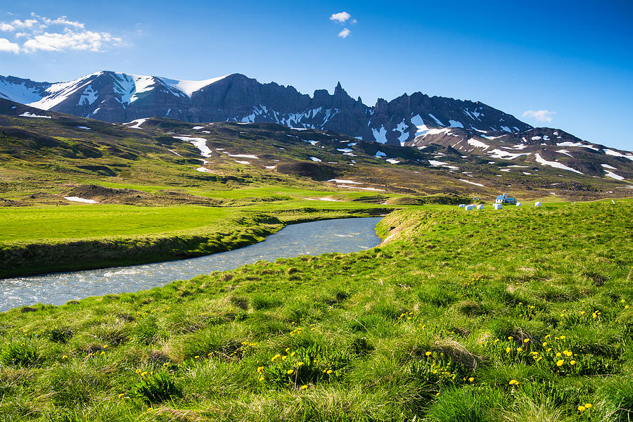 Landscape with green meadow river and mountains in North Iceland Photograph by Matthias Hauser
