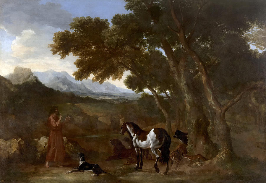 Landscape with hermit preaching to animals Painting by Gaspard Dughet