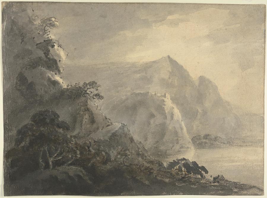 Landscape With Hill, Lake And Figures Drawing by William Gilpin