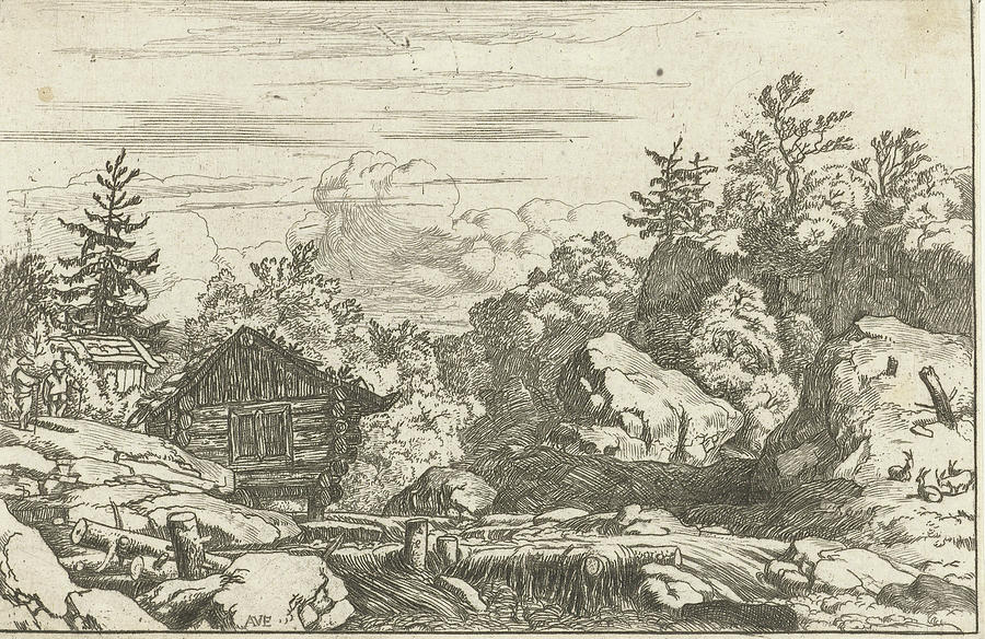 Landscape With Hut At Waterfall, Allaert Van Everdingen Drawing by ...