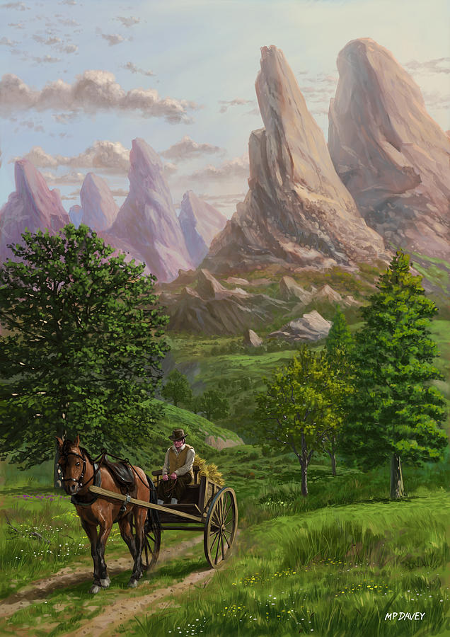 Mountain Painting - Landscape with man driving horse and cart by Martin Davey