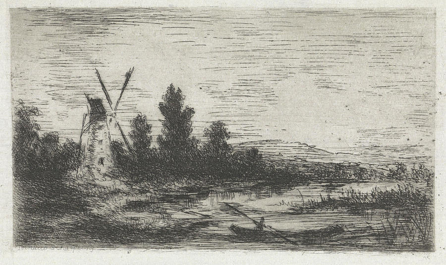Landscape Drawing - Landscape With Mill And Rowing Boat by Arnoud Schaepkens