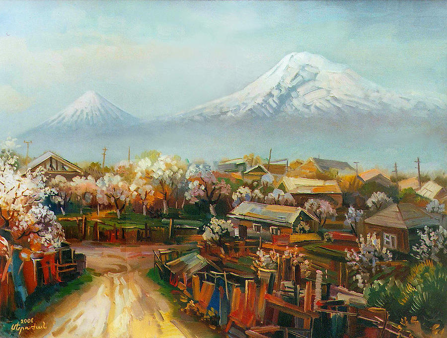 Beautiful Mountain Painting - Landscape with mountain Ararat from the village Aintap by Meruzhan Khachatryan