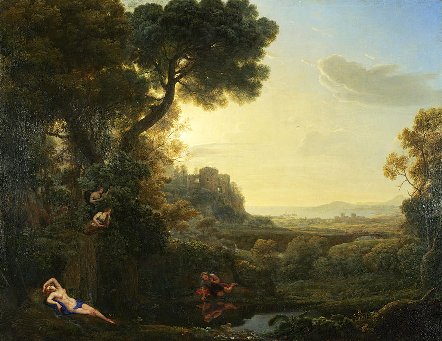  A painting of the myth of Echo and Narcissus, showing the two figures in a forest with a ruined building in the background.