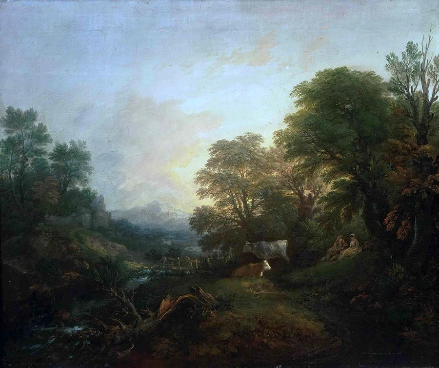 Landscape with Rustic Lovers Two Cows and a Man on a Distant Bridge Painting by Thomas Gainsborough