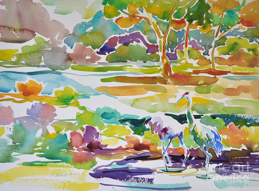 Landscape with Sand Hill Cranes Painting by Roger Parent