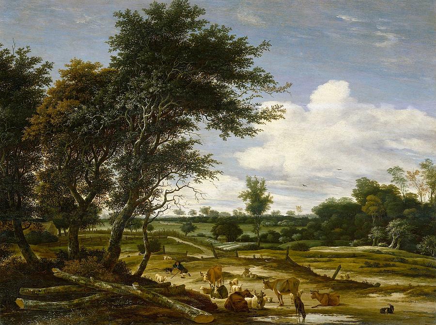Landscape Painting - Landscape with shepherd and cattle by Salomon van Ruysdael