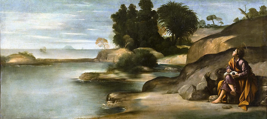 Landscape with St John the Evangelist Painting by Juan Bautista Maino