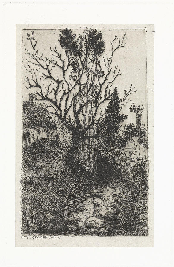 Landscape Drawing - Landscape With Thatched House And Walking Figure by Litz Collection