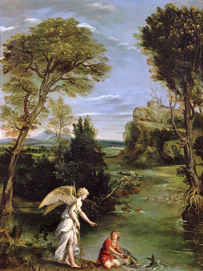 Raphael Photograph - Landscape With Tobias Laying Hold Of The Fish, C.1615 Oil On Copper by Domenichino