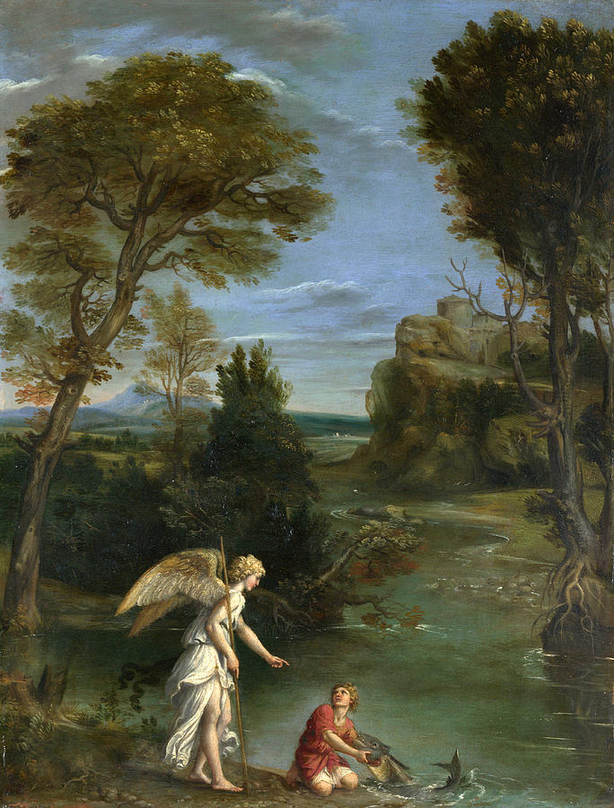 Landscape with Tobias laying hold of the Fish Painting by Domenichino