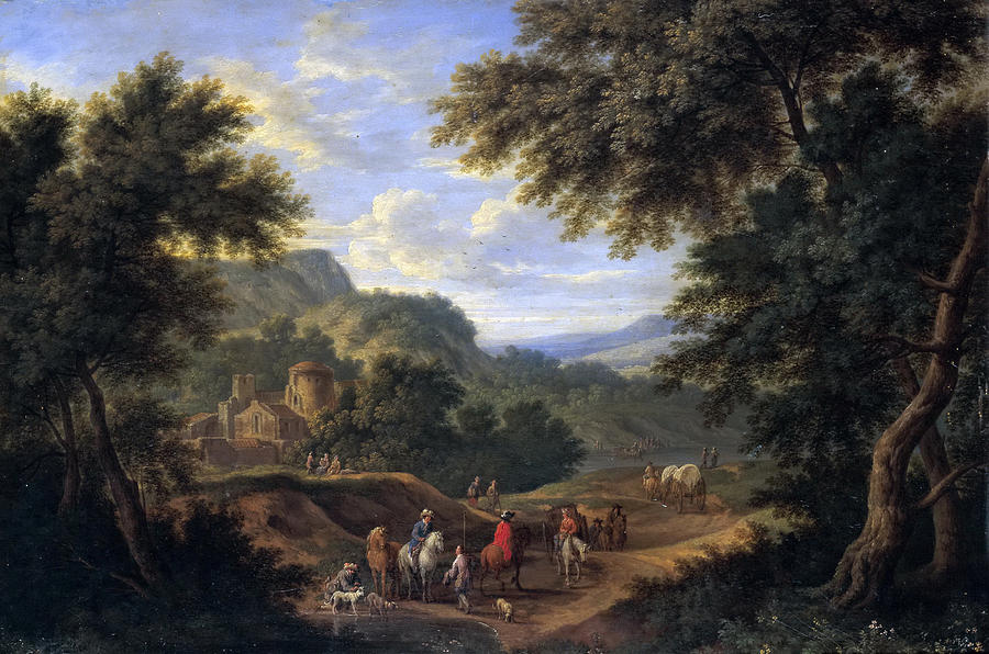 Landscape with travelers Painting by Adriaen Frans Boudewyns