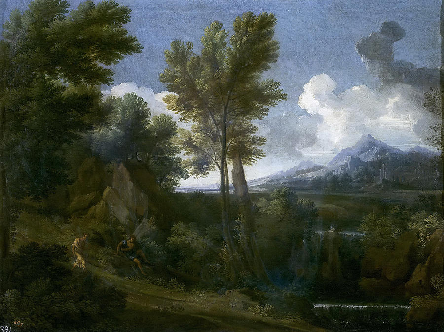 Landscape with travelers Painting by Gaspard Dughet