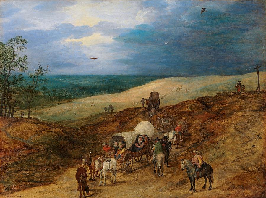 Landscape Painting - Landscape with Wagons by Jan Brueghel the Elder