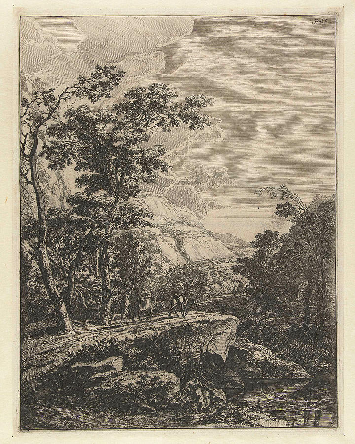Landscape Drawing - Landscape With Woman Riding A Mule Along The Aqua Negro by Jan Both