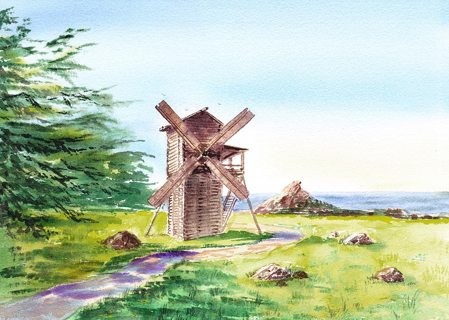 Landscapes Of California Fort Ross Windmill Painting by Irina Sztukowski