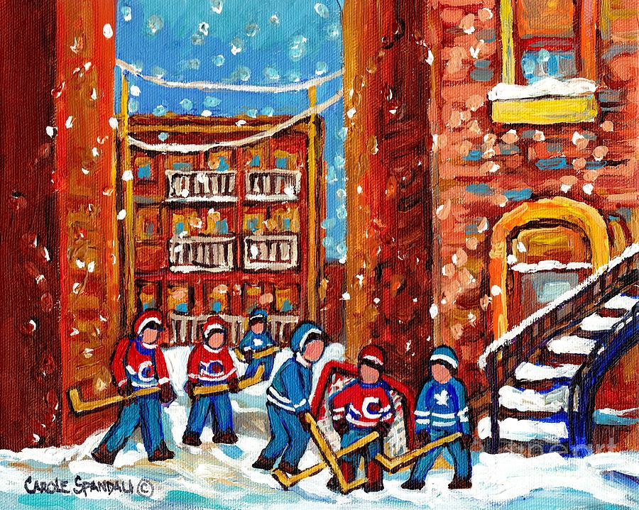 Laneway Hockey Game Montreal Paintings Winter Fun In The City Carole Spandau Painting by Carole Spandau