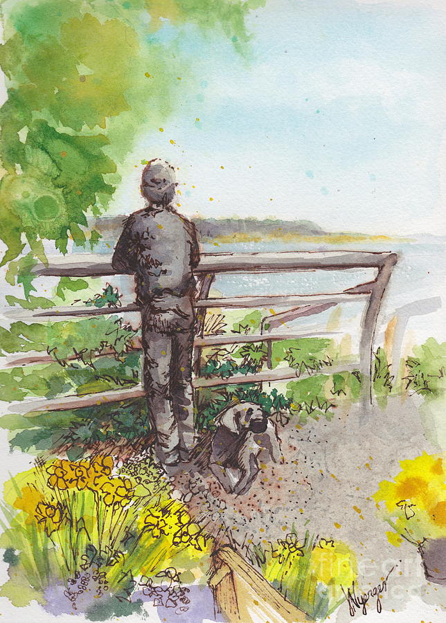 Spring Painting - Langley Boy and Dog with Daffodils by Judi Nyerges