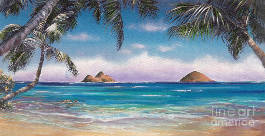 Lanikai Beach Painting - LANIKAI BEACH and HONU by Linda Briggs