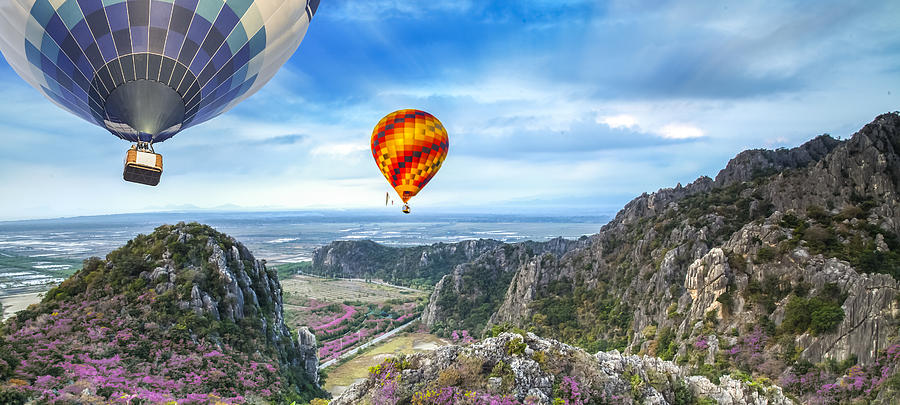 Nature Photograph - Lanscape of mountain and balloon by Anek Suwannaphoom