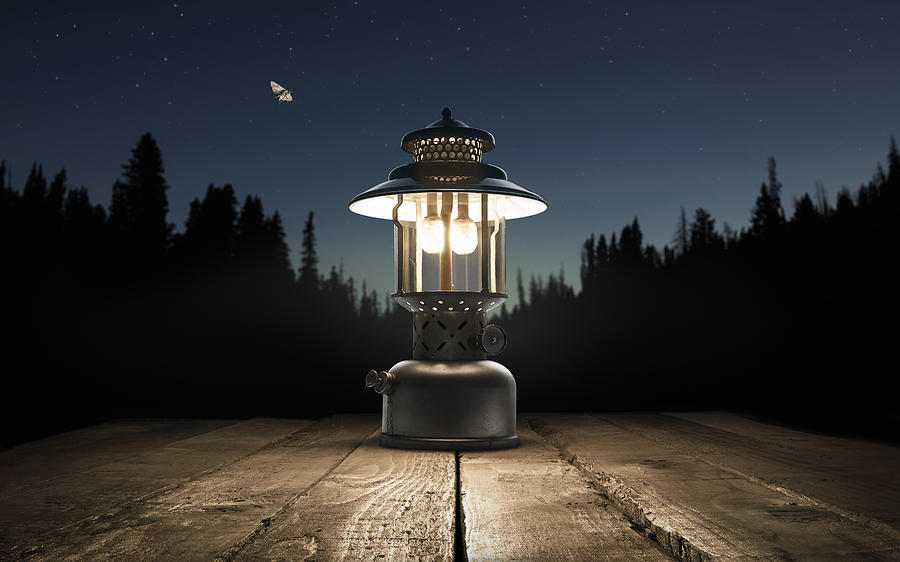 Lantern on a picnic table in the forest Photograph by Stephen Swintek