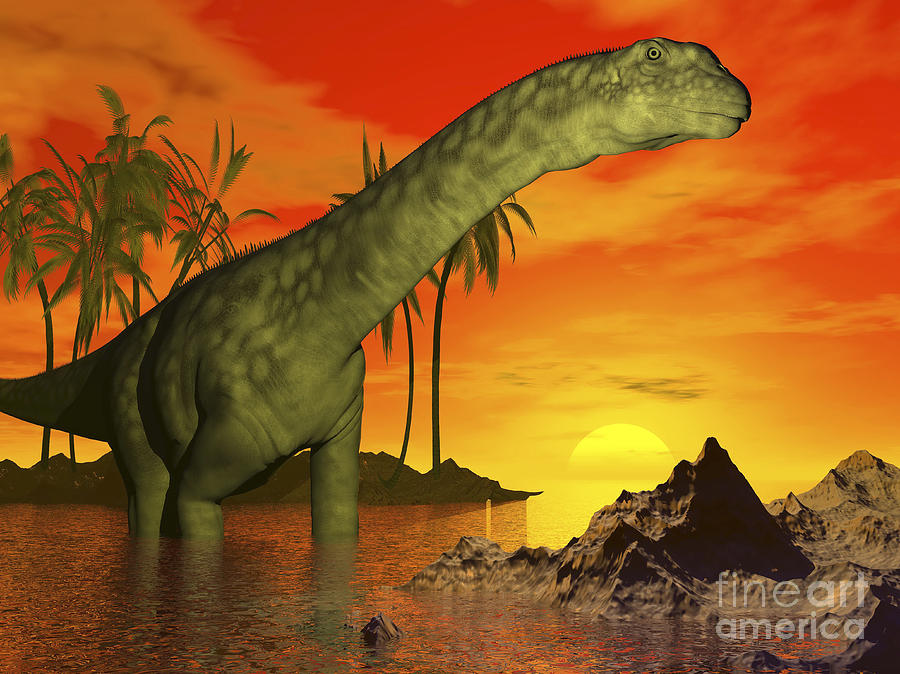 Dinosaur Digital Art - Large Argentinosaurus Dinosaur In Water by Elena Duvernay