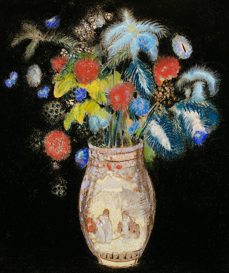 Still Life Painting - Large Bouquet on a Black Background by Odilon Redon
