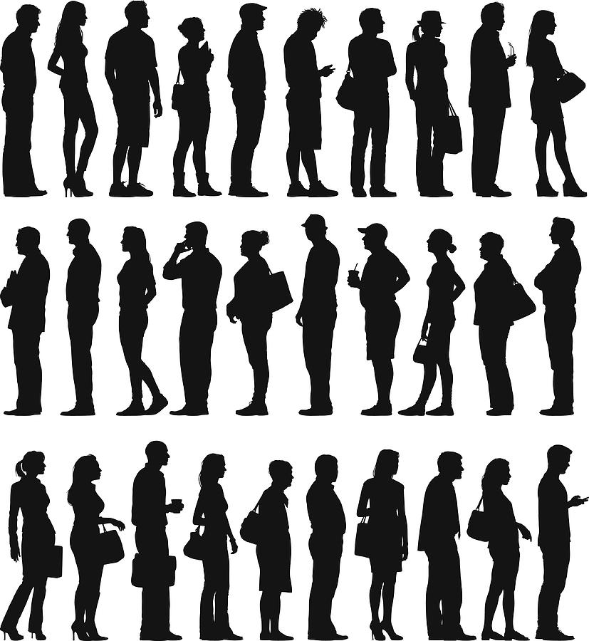 Large Group of People Silhouettes Waiting in Line Drawing by Edge69
