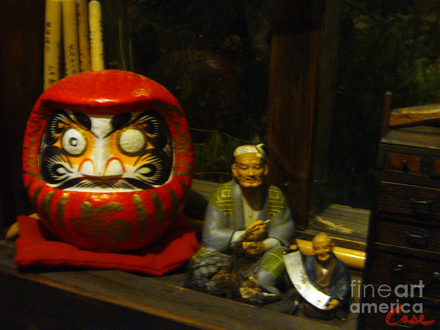 Bottle Photograph - Large Japanese Daruma with Statues by Feile Case
