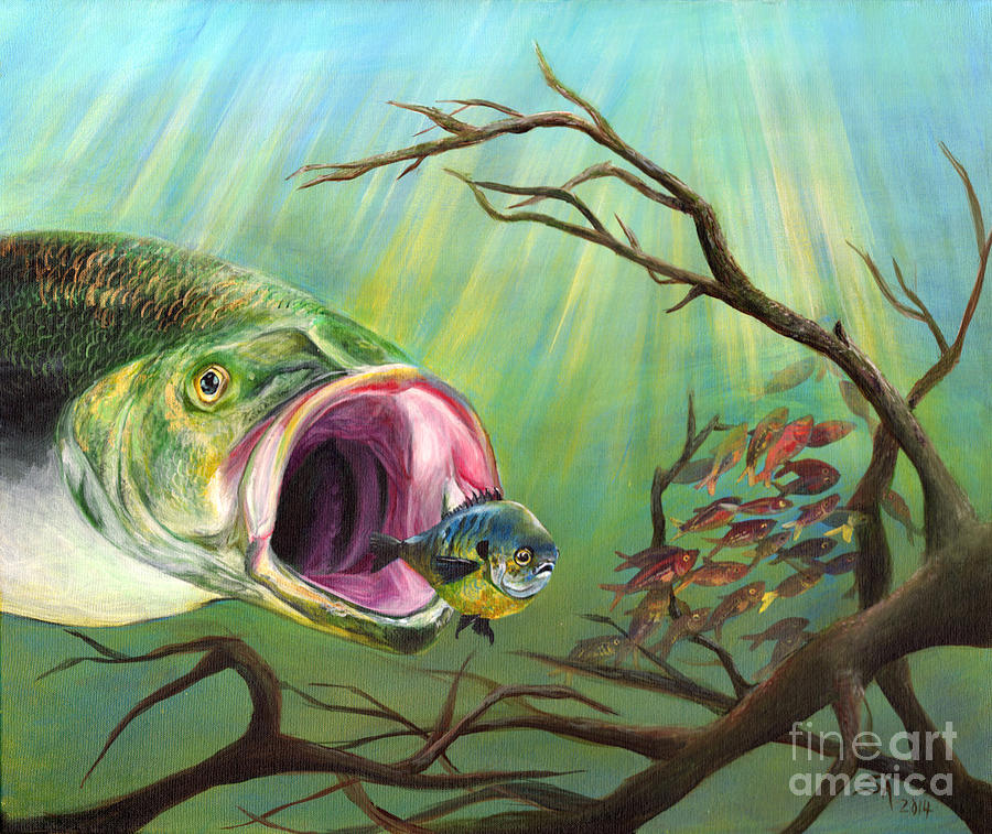 Large Mouth Bass Painting - Large Mouth Bass and Clueless Fish by Sonya Barnes