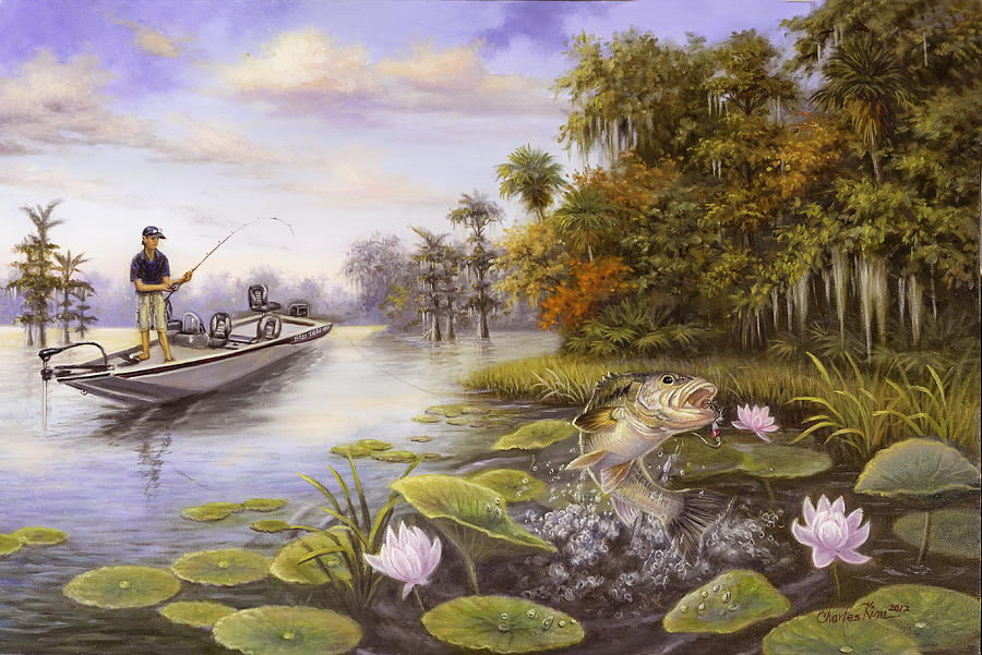 Bass Fishing Painting - Large mouth bass fishing by Charles Kim