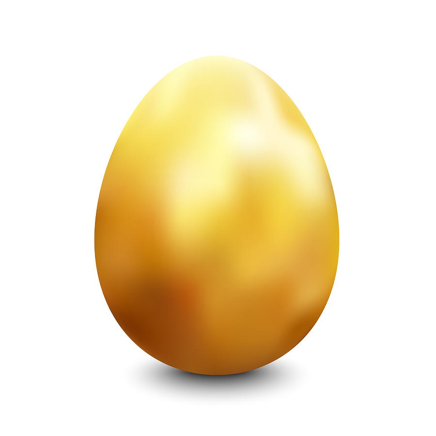 Large oval gold painted chicken egg standing vertically on a white surface lit up from the top casting a shadow Drawing by GOLDsquirrel