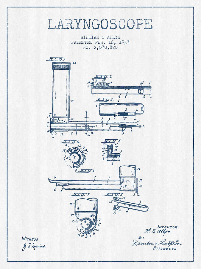 Vintage Digital Art - Laryngoscope Patent from 1937  - Blue Ink by Aged Pixel