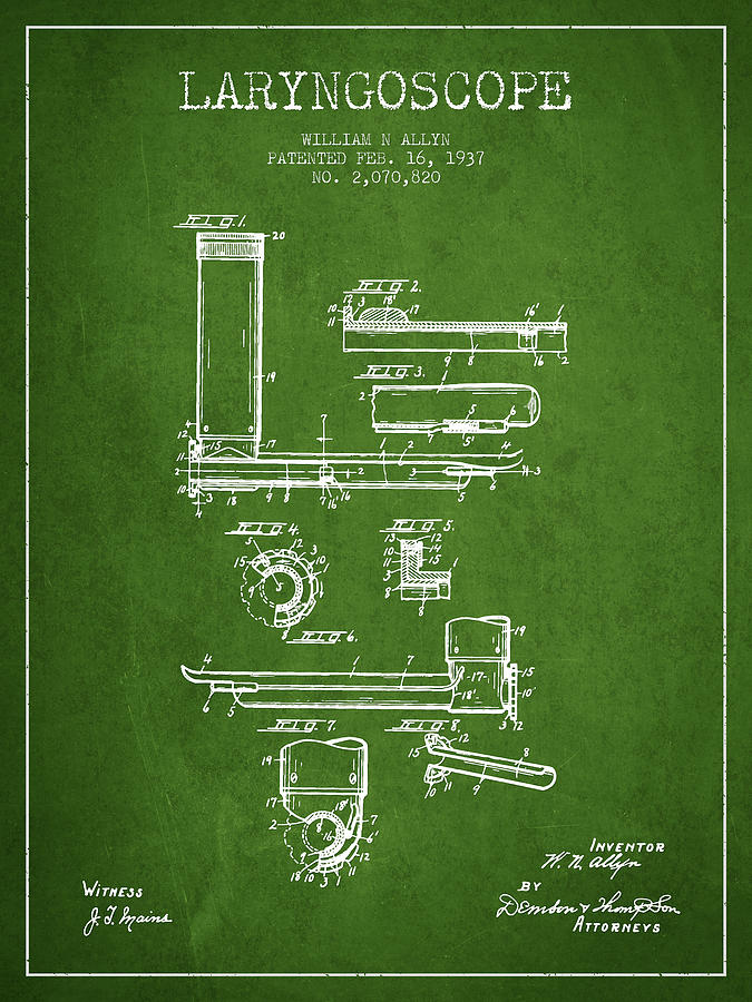 Vintage Digital Art - Laryngoscope Patent from 1937  - Green by Aged Pixel