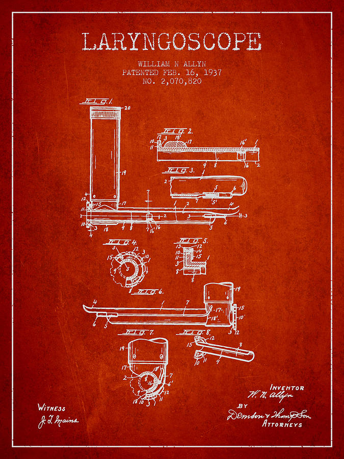 Vintage Digital Art - Laryngoscope Patent from 1937  - Red by Aged Pixel
