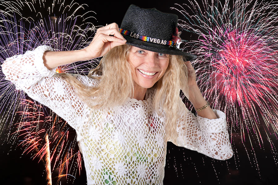 Hat Photograph - Las Vegas Fireworks Party Woman by Gunter Nezhoda