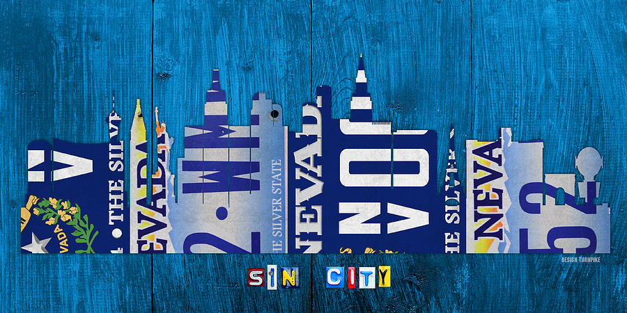 City Mixed Media - Las Vegas Nevada City Skyline License Plate Art on Wood by Design Turnpike