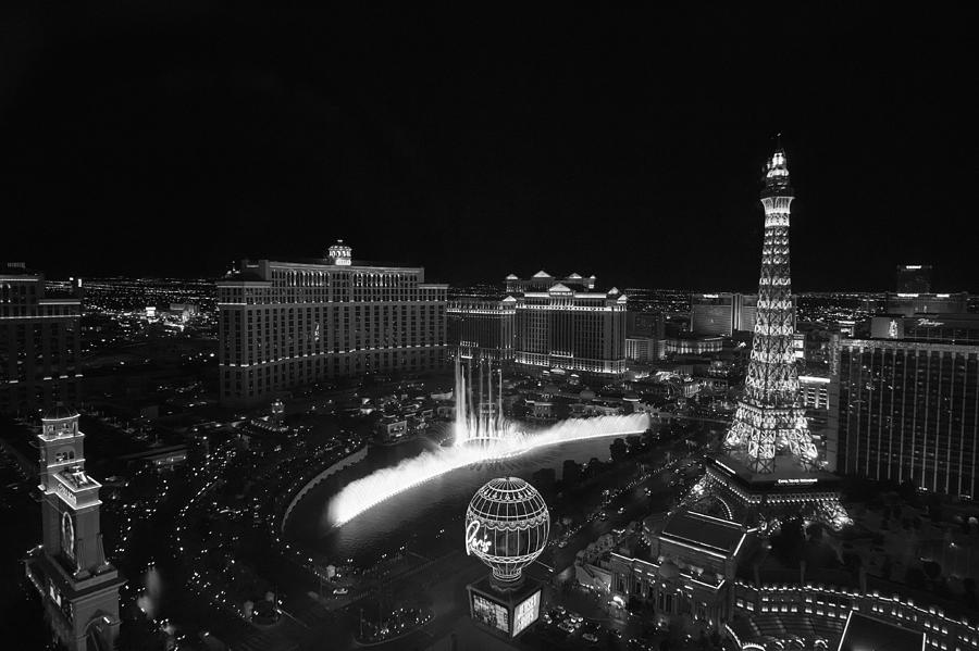 Las Vegas Photograph - Las Vegas Strip and Fountains Black and White by Stephanie McDowell