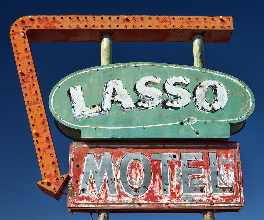 Vintage Photograph - Lasso Motel Sign on Route 66 by Carol Leigh