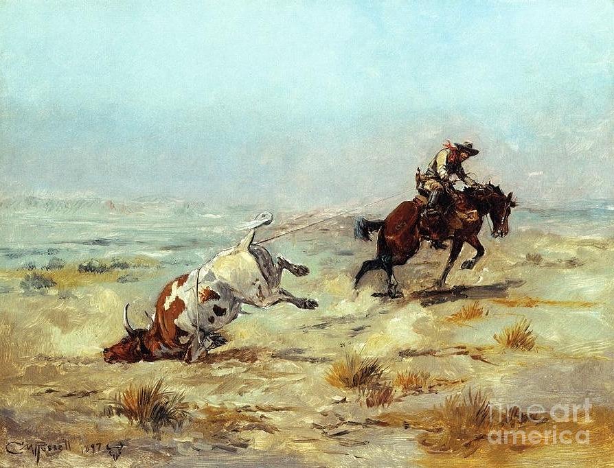 Lassoning a Steer Painting by Thea Recuerdo