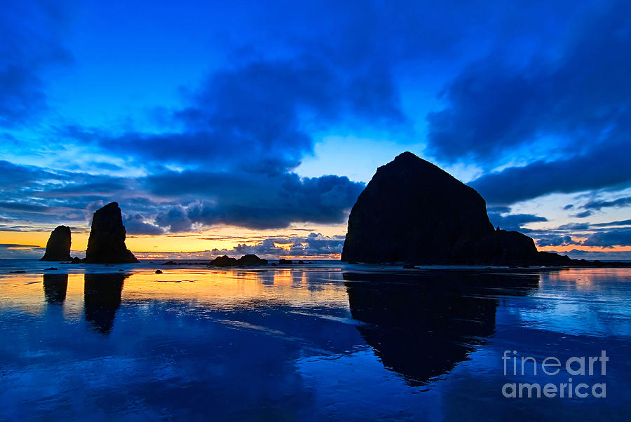Sunset Photograph - Last Light - Cannon Beach Sunset with reflection in Oregon the Coast by Jamie Pham