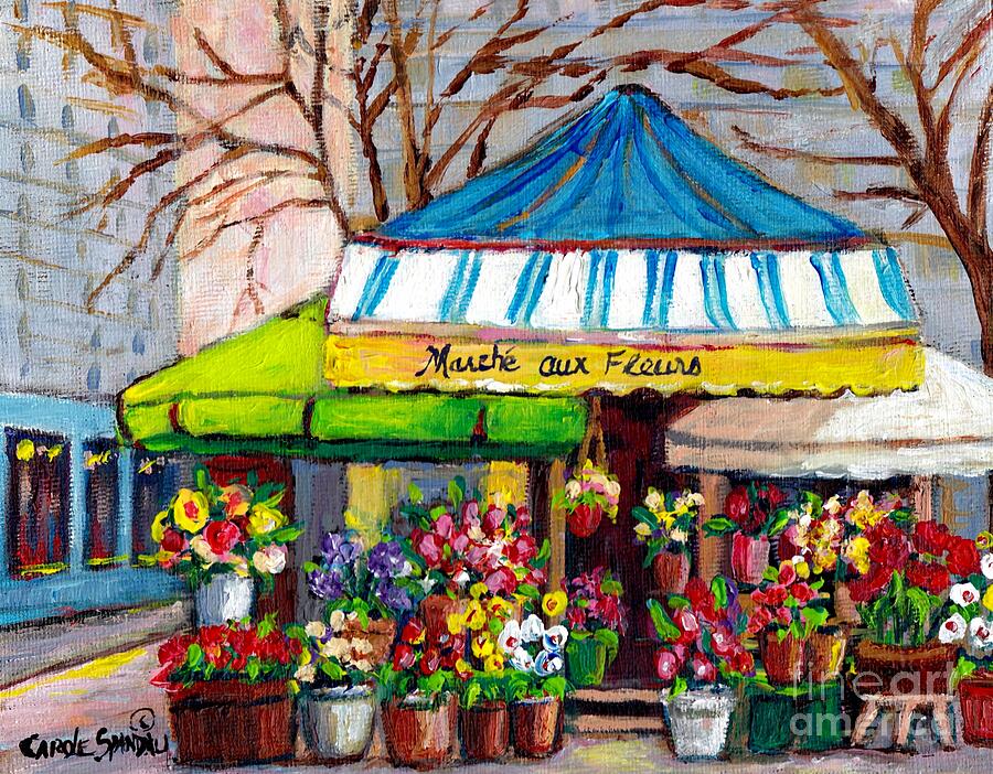 Flower Painting - Late Autumn Flower Shop Downtown Outdoor Vendor Marche Aux Fleurs Montreal Art Street Scene Painting by Carole Spandau