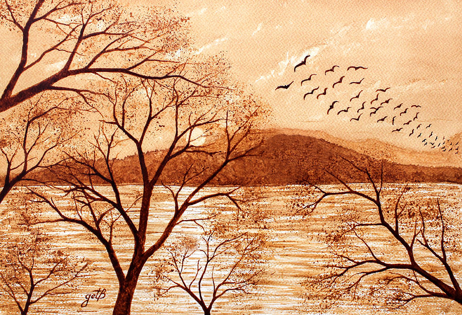 Late Autumn Sunset original coffee painting Painting by Georgeta Blanaru