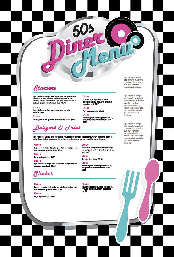 Late night retro 50s Diner  menu black and white check Drawing by JDawnInk