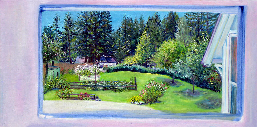 Late Spring Yard with Redwoods and Apple Trees Painting by Asha Carolyn Young